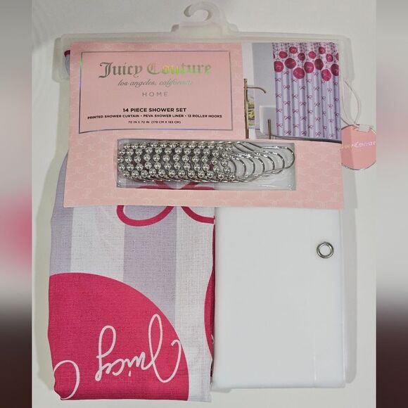 Juicy Couture Other - Juicy Couture Shower Curtain Cute Pink Lilac White Stripes And Bows Shower Set
